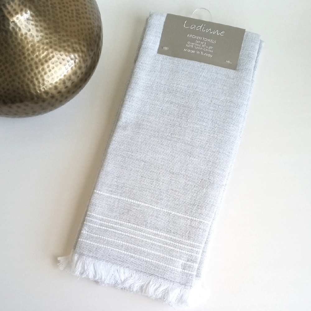 Ladinne Set Of 3 Oversized Light Gray Kitchen Towels 100% Turkish Cotton